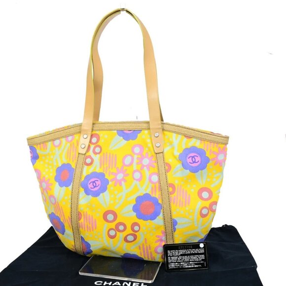 CHANEL CC High Summer Tote Bag Shoulder Canvas Leather Flower Yellow - Picture 1 of 16